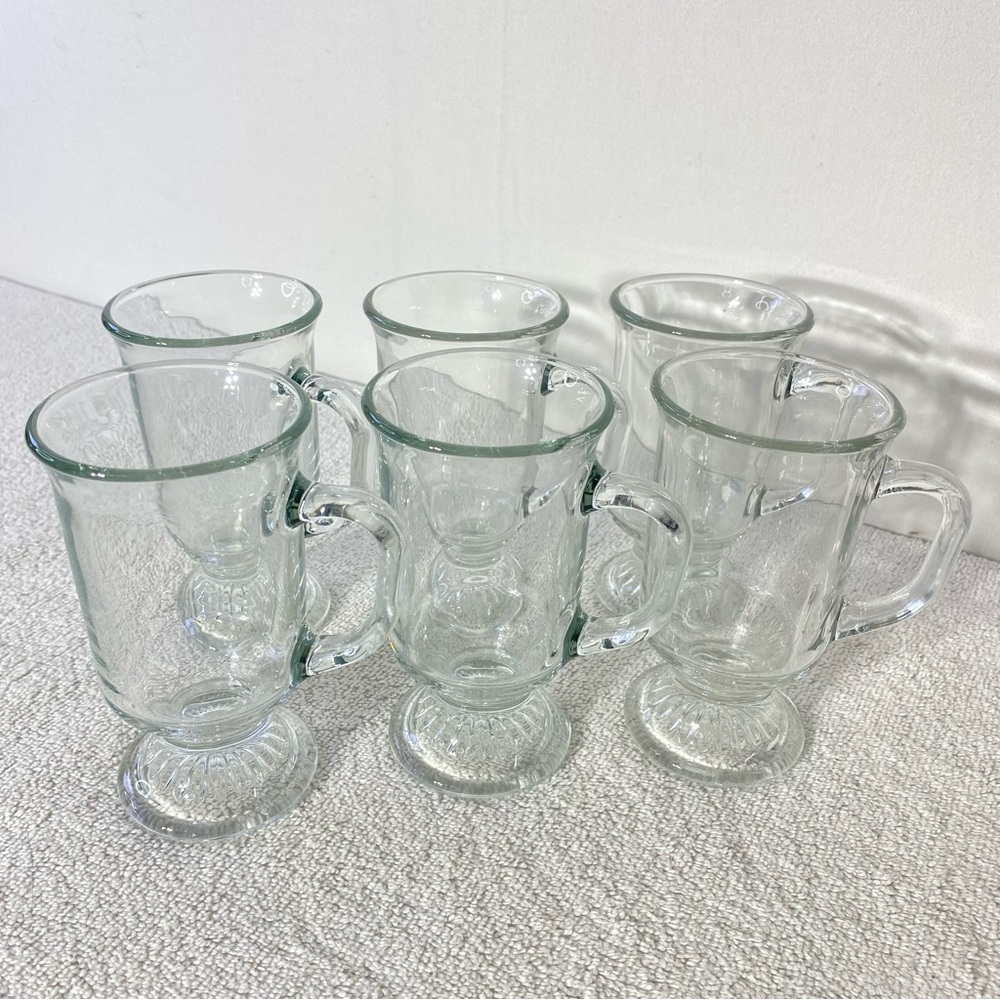 Vintage Clear Glass Footed Pedestal Mugs Irish Coffee Mugs x6